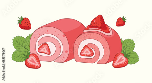 Delicious strawberry roll cakes filled with light cream and fresh fruit pieces, decorated with whole strawberries.