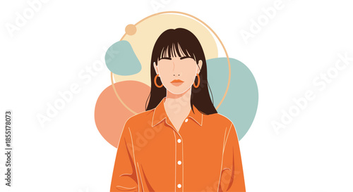 Flat vector illustration of a modern woman with dark hair and orange accessories against a colorful abstract background.