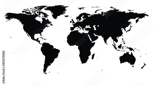 High-resolution black silhouette vector of the world map, showing detailed continental outlines isolated on a white backdrop.