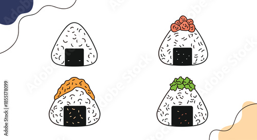 Four different types of traditional Japanese onigiri rice balls decorated with salmon, plums, and various green toppings.