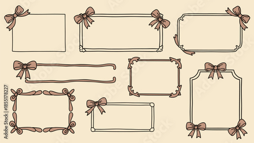 Collection of vintage hand-drawn rectangular and decorative frames adorned with elegant bows and ribbons in a sketch style art.