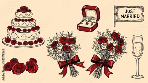 Hand-drawn vintage wedding element collection including a tiered cake, rings, bouquets, champagne, and a 'Just Married' flag.