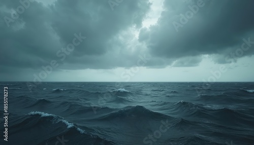 Rough sea with dark grey storm clouds overhead. Waves crash on ocean surface under moody, overcast sky. Deep blue water, nobody on seascape.