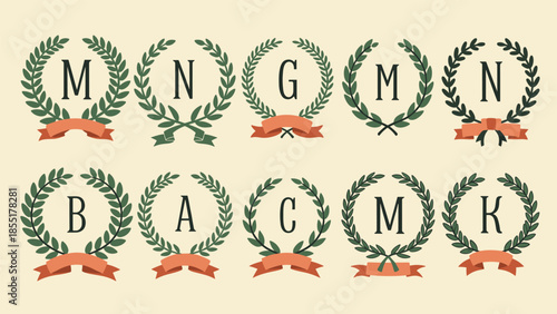 Set of classic laurel wreath monograms with capital letters and ribbons, creating a vintage and elegant emblem design collection.