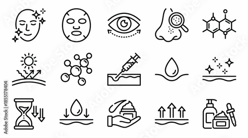 Vector Skincare Icon Set –  Black Line Art Symbols for Dermatology, Cosmetic Treatments, Ingredients, and Beauty Product Design Themes