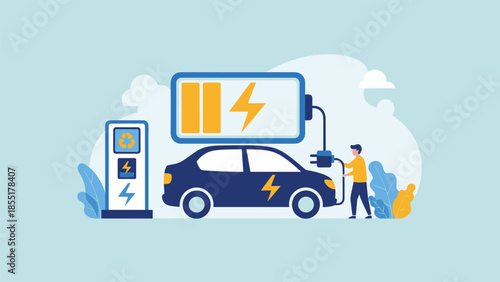 Electric car charging concept with a person plugging a charger into a blue vehicle at a modern EV charging station illustration.