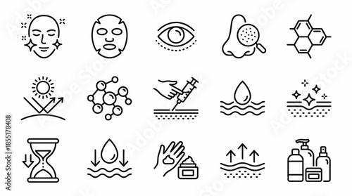 Vector Skincare Icon Set –  Black Line Art Symbols for Dermatology, Cosmetic Treatments, Ingredients, and Beauty Product Design Themes