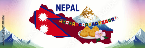 Nepal travel illustration with Himalayan mountains, map flag silhouette, prayer flags, momo dumplings and national flower design