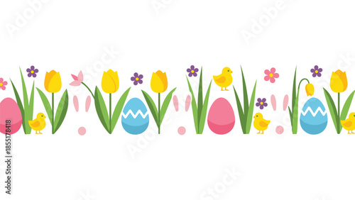 Seamless Easter border with colorful flat icons of eggs, chicks, tulips, flowers, and bunny ears on a white background.