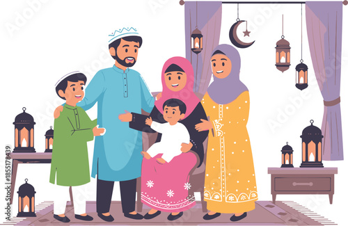 Happy Muslim family celebrating Ramadan Kareem or Eid Mubarak together at home with traditional decorations and lanterns.