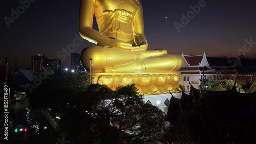 Bangkok, Thailand - 24th December 2025: Aerial View of Giant Buddha from Chao Phraya River at night