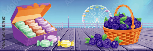 Colorful candy box and blueberry basket on seaside boardwalk with ferris wheel, summer fair sweets illustration banner