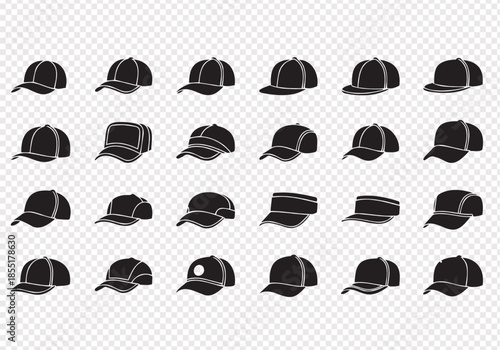 Baseball Cap Silhouette Vector Set in Multiple Angles Isolated on Transparent Background