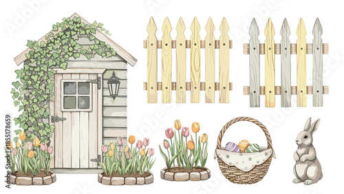 Charming watercolor Easter and spring garden collection with a shed, fence, tulips, rabbit, and a basket of colorful eggs.
