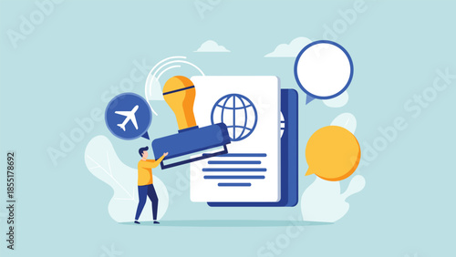 Visa application and passport control concept showing a person holding a large stamp over a passport with travel-related icons.