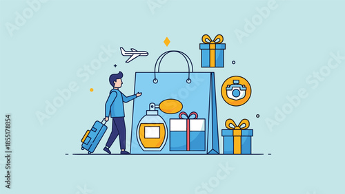 Duty-free shopping concept with a traveler pulling a suitcase towards a large shopping bag filled with gifts, perfume, and more.