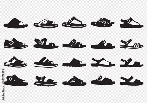 Sandals and Slippers Silhouette Vector Set in Multiple Styles Isolated on Transparent Background