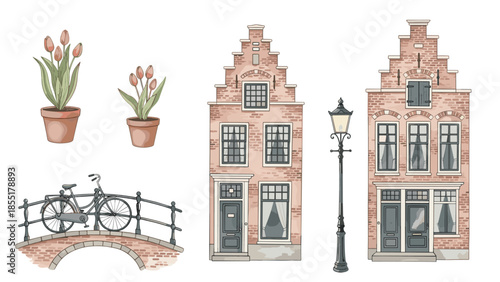 Watercolor style vector set of traditional Amsterdam canal houses, a bicycle on a bridge, tulips, and a classic street lamp.