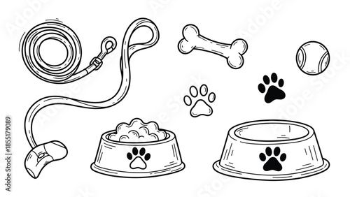Hand-drawn sketch collection of dog accessories including a leash, food bowls, a bone, ball, and paw prints on white.
