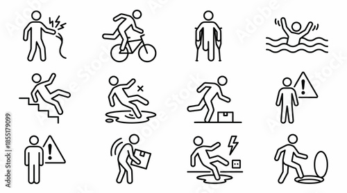 Vector Workplace Hazard Icon Set –  Black Line Art Safety Illustrations for Accident Prevention, Training, and Risk Awareness Design Themes