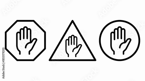 Vector Stop Symbol Icon Set – Raised Hand in Octagon, Triangle, and Circle for Warning, Caution, and Prohibition Signage Design Themes
