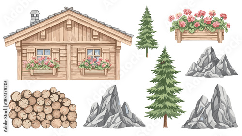Watercolor collection of charming alpine elements including a wooden chalet, pine trees, rocks, and flowers for rustic designs.