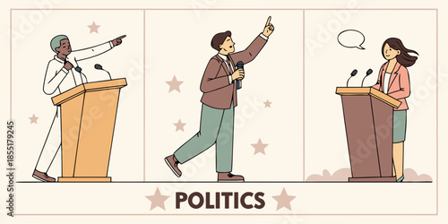 Diverse Politicians Speaking at Podiums - Political Debate Illustration