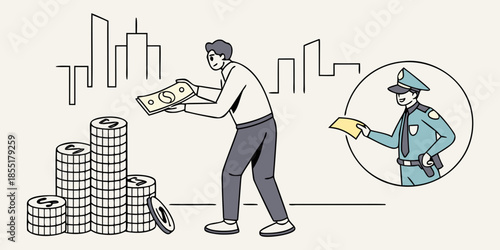 Man Paying Fine to Police Officer Illustration