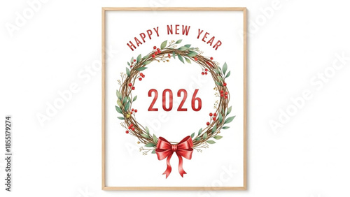 Minimal Watercolor Christmas Wreath with Green Leaves, Red Berries and Bow, Happy New Year 2026 Elegant Holiday Wall Art on White Background