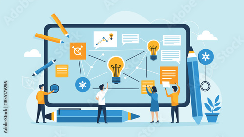 Collaboration and brainstorming concept with a team of people working on a large digital tablet, sharing ideas and solutions.