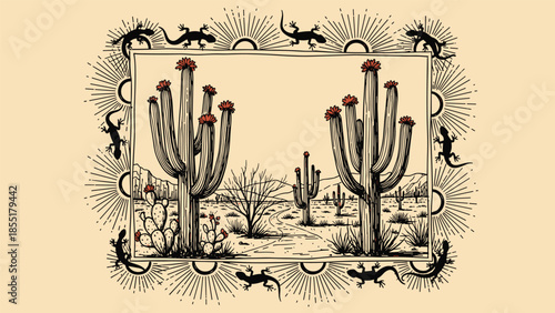 Hand-drawn desert landscape with saguaro cacti, framed by a border of lizards and sunbursts in a vintage illustration style.