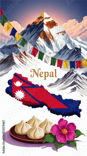 Nepal tourism illustration with Himalaya mountains, Everest sunrise, prayer flags, map with flag, momo dumplings and rhododendron flower