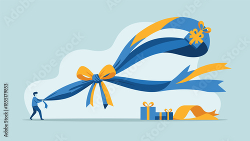 A person pulling a giant, flowing ribbon to reveal a gift, symbolizing big surprises, rewards, or grand openings.