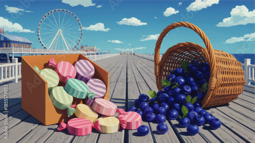 Colorful candy and blueberries on seaside boardwalk with ferris wheel, summer holiday treat still life illustration
