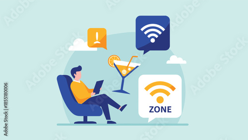 Illustration of a man relaxing in a chair and using a tablet in a free Wi-Fi zone, symbolizing connectivity and digital nomads.