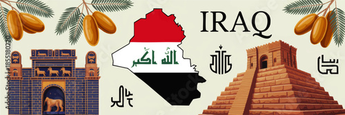 Iraq culture illustration with flag map, Ishtar Gate, Ur ziggurat, dates and Arabic calligraphy, Middle Eastern travel banner design