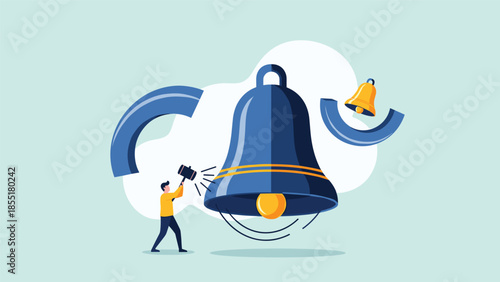 Person ringing a large bell to get attention, illustrating the concept of notifications, alerts, and breaking news announcements.