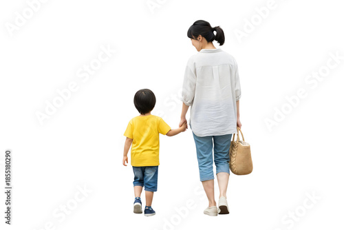 Mother and child walking together isolated on transparent background