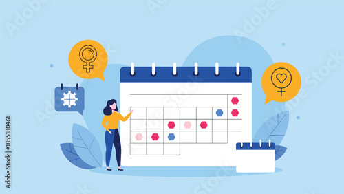 Woman using a large calendar to track her menstrual cycle and ovulation, illustrating fertility and period planning concepts.