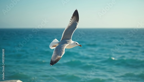 Seagull bird glides gracefully over deep blue ocean waves under a clear sky. White feathered creature soars freely above the sea, its wings spread wide in flight. Peaceful marine wildlife scene.