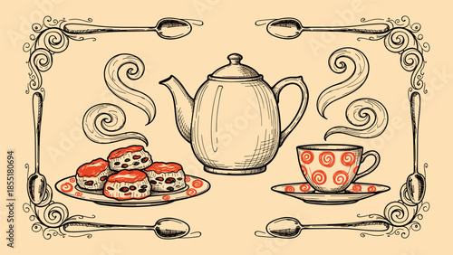 Vintage hand-drawn tea time setting with a teapot, teacup, and scones, framed by an elegant border of decorative spoons.