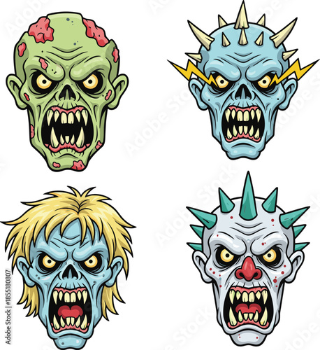 Cartoon zombie head collection, creepy expressions, monster faces, Halloween horror icons, spooky undead characters, flat vector illustration