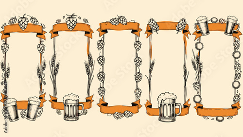 Collection of five vertical vintage frames decorated with beer mugs, hops, barley, and ribbons for a brewery or pub menu.