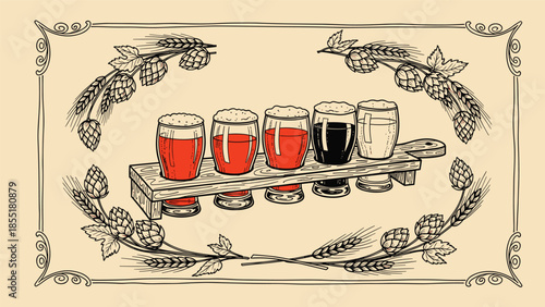 Vintage hand-drawn illustration of a craft beer tasting flight, elegantly framed with hops and barley for a brewery menu.
