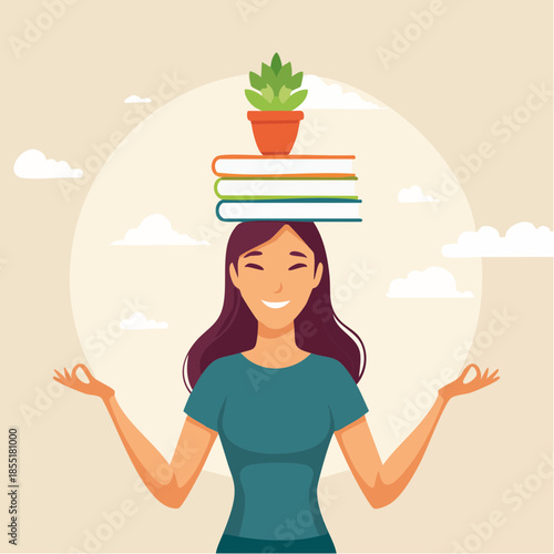 Woman balances books and plant on head in serene outdoor setting with calm atmosphere and peaceful background
