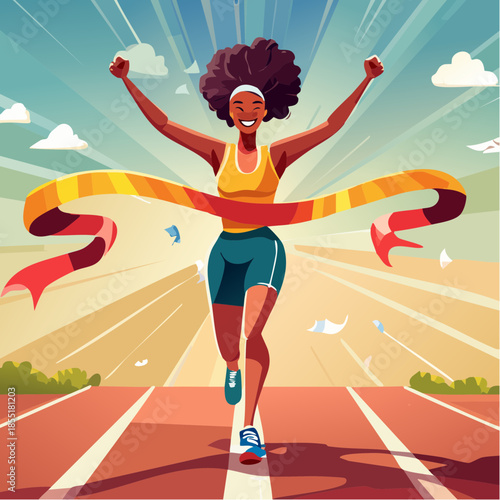 A joyful Black woman runner crosses the finish line with arms raised in victory on a sunny track.