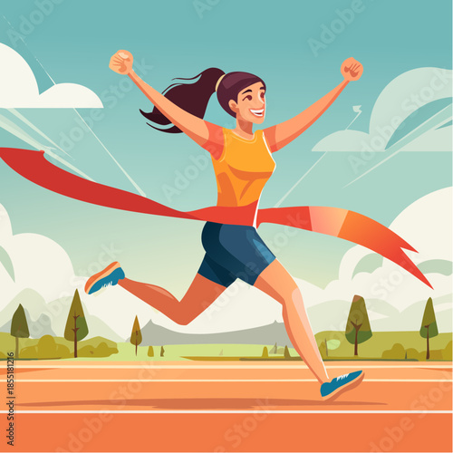 Woman winning race on track with ribbon.