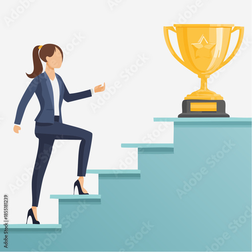 business woman achieving success golden trophy.