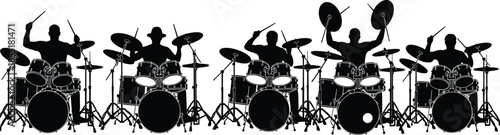 Drummer silhouettes performance, music band rhythm drum set musicians isolated on white background for concert design illustration use