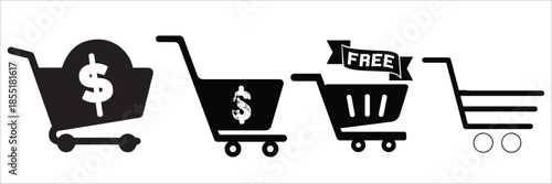 Shopping carts with money and free offer icons
